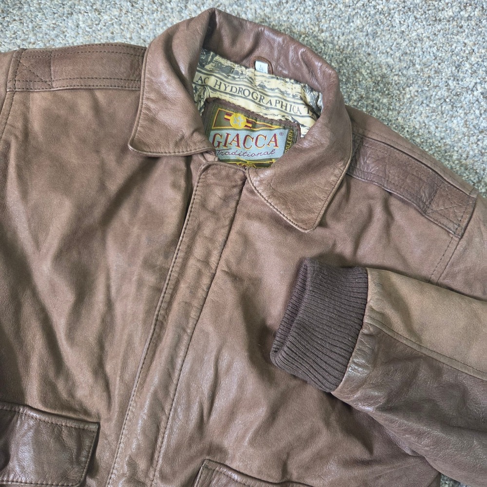 Giacca Traditional Brown Leather Bomber Jacket Map Print Lining Mens Large 14